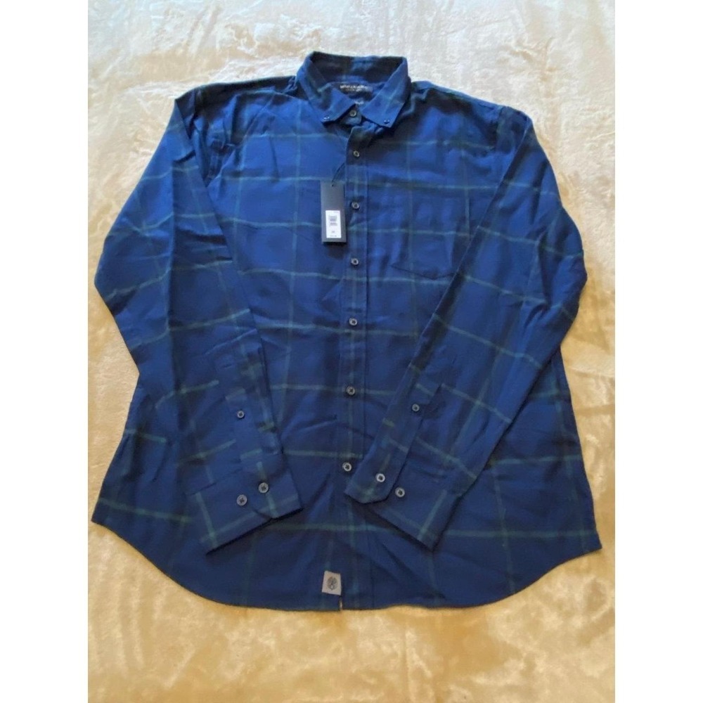 Banana Republic Shirt BR Men Large Plaid New Tags Medium Navy Lux Untucked s54